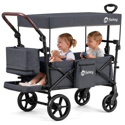 Bollerwagen für 2 Kinder Faltbar mit Dach Kinderwagen mit Schiebe- und Ziehgriff