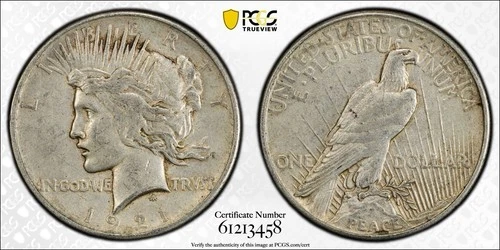 1921 Peace Dollar $1 - PCGS AU50 High Relief - Nice Original Example