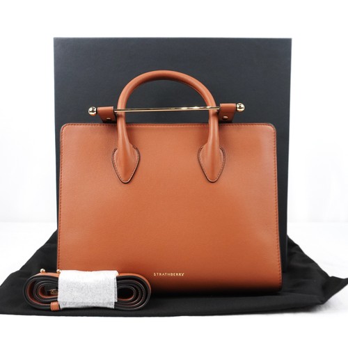 Strathberry Midi Tote Bag In Chestnut Leather with Gold Hardware & Extra Strap