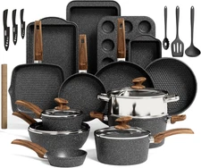 Kitchen Induction Cookware & Bakeware Set - 30 Piece Black Granite Cooking Pans 