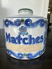 M A Hadley Pottery Match Holder Wall Hanging w/ Striker Strip & Lid Signed 