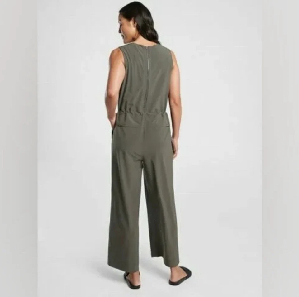 Athleta Topanga Jumpsuit Romper Wide Leg Mountain Olive Pockets Drawstring XXS - image 2 of 4