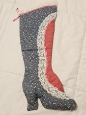 Vtg Victorian High Heel Boot Christmas Stocking Hand Made Blue Holiday Decor 