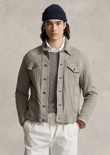 Men's Gray Suede Lambskin Leather Bomber Shirt Jacket Front Metal Buttons