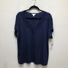 Charter Club Womens Blue Lace Trimmed Knit Short Sleeve V Neck Pajama Top XL New