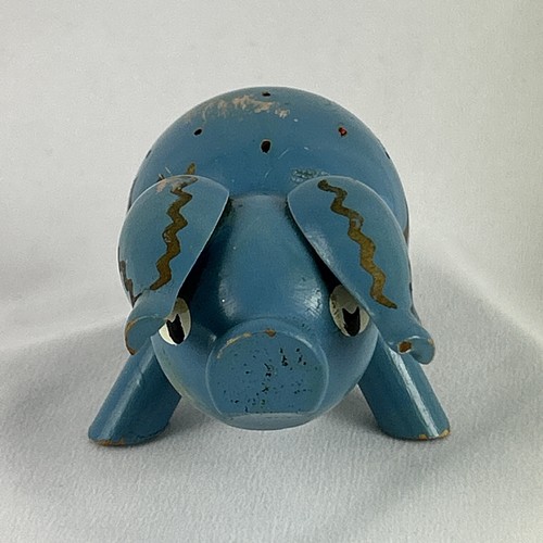 Vintage Pig Figurine 4" Wood Blue Gold Handmade Hand Painted MCM - Picture 2 of 6