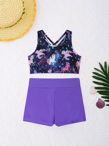 Girls Print Athletic Tankini Set Sport Crop Top with Swim Short Bathing Suits - Picture 138 of 143
