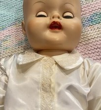 BOY's NewbornChristening GOWN/HANDMADE IVORY Satin-y /BLUE CROSS/ Lace EUC