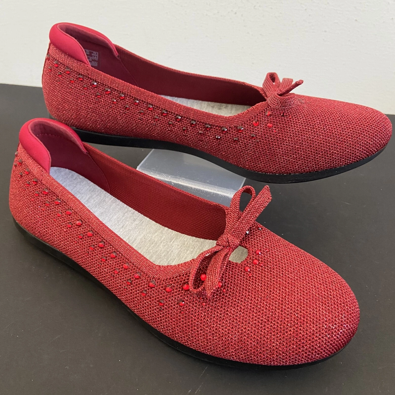Ballerine Clarks Cloudsteppers donna taglia 9 maglia fiocco Carly Hope rosso rubino scintillante slip