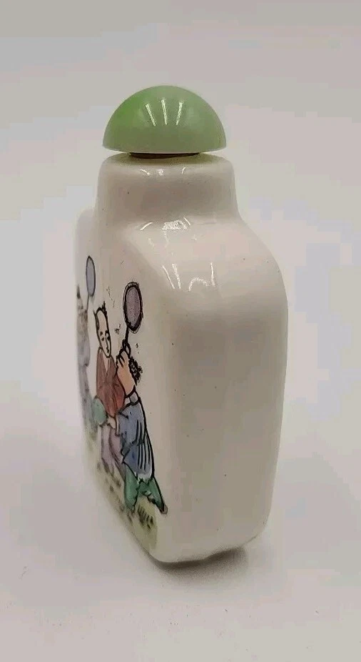 Antique Chinese Snuff or Perfume Bottle Men Playing Sport Soapstone Lid - Image 2 of 4