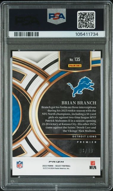 BRIAN BRANCH SIGNED 2023 PANINI SELECT LIGHT BLUE 135 RC PSA 10 AUTO 10 /99 - Image 2 of 2