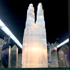 Selenite Double Tower Lamp " White Natural Crystal Light Twin Tower LED 10" Tall