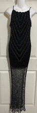 Vintage BeBe Crochet Long Dress Beaded Bodycon Sleeveless Black 90s Y2K M