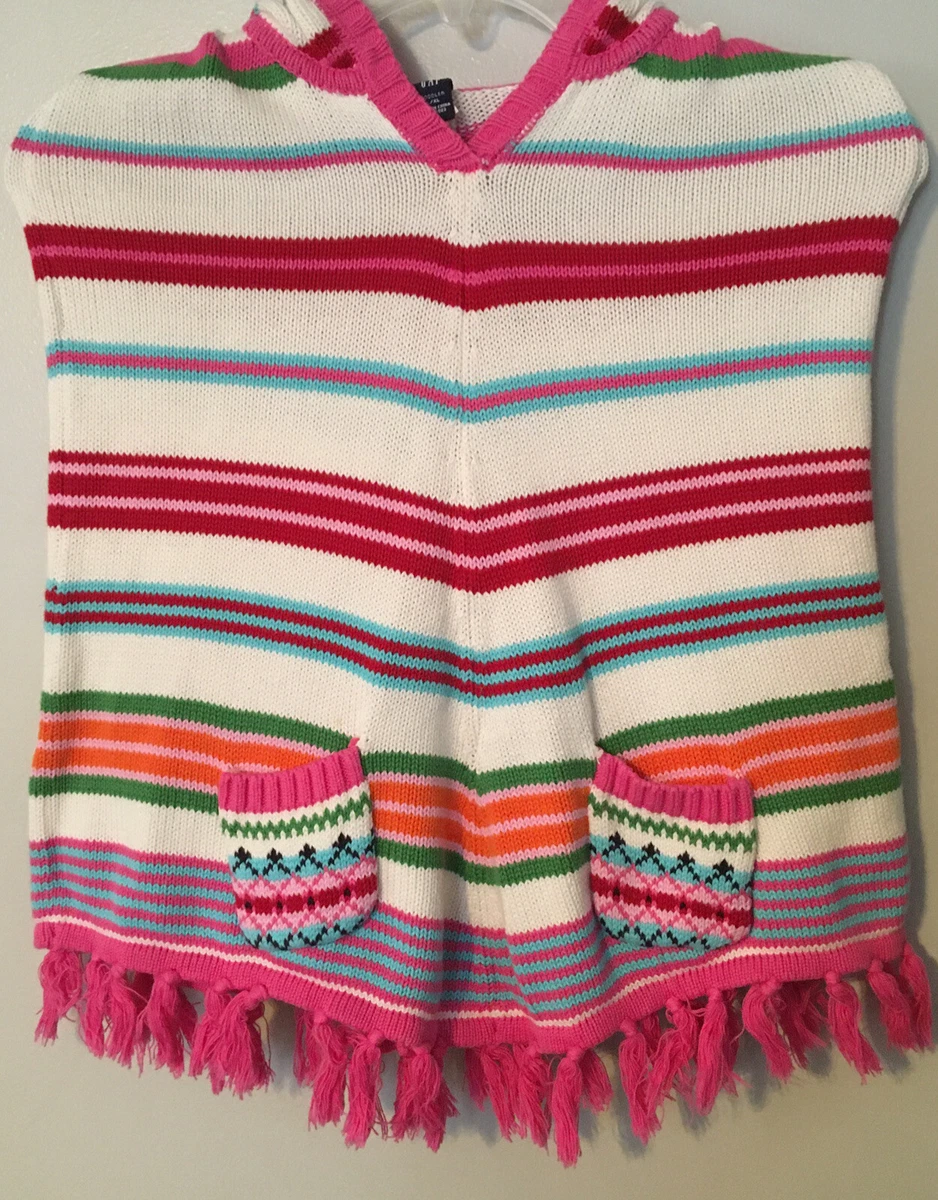 BABY GAP GIRLS SZ 5 6 KNIT SWEATER PONCHO HOODED PULL ON Striped Fringe Pattern