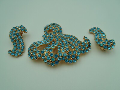 All Signed Schiaparelli Vintage Brooch Earrings in Royal Blue and Gold