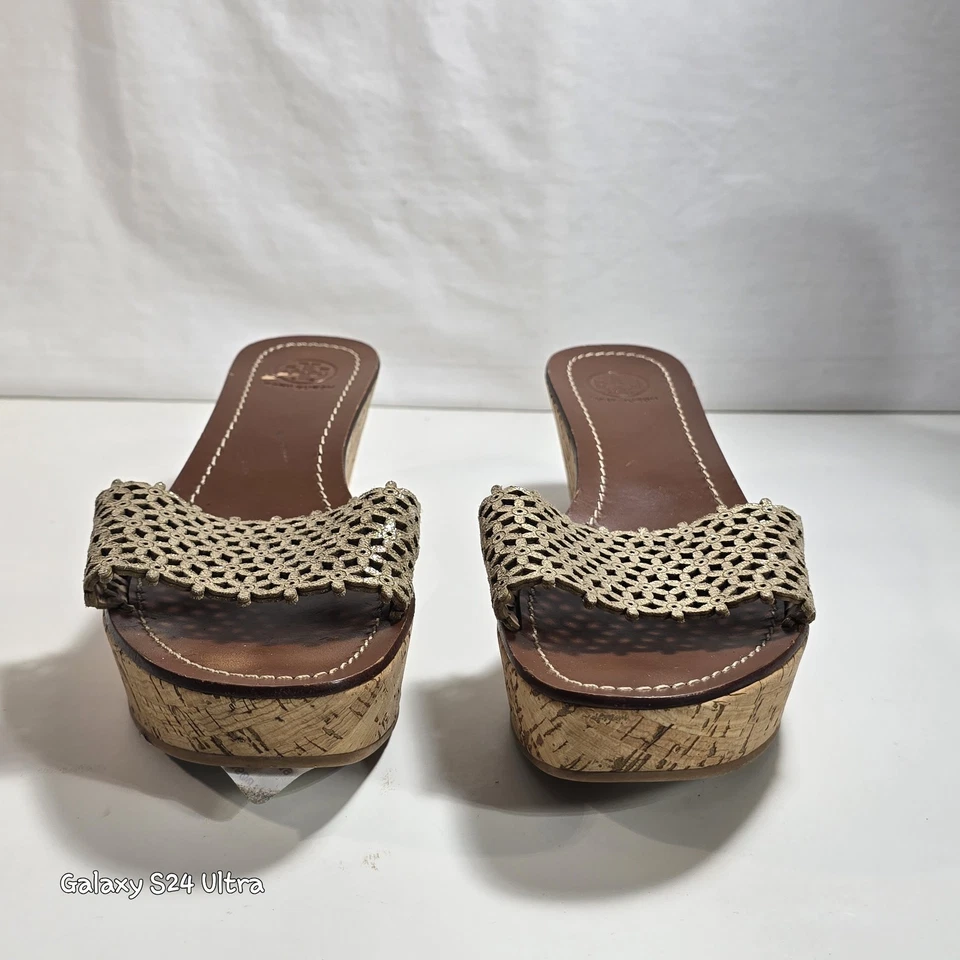 Tory Burch Daisy Gold Metallic Leather Slide Cork Wedge Sandals Sz 9.5 M - Image 3 of 4