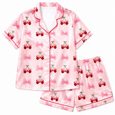 Pink Cherry Bow Satin Pajama Short Set Women Coquette Sleepwear Lounge Set