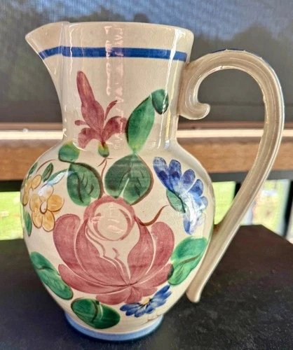 Vintage 1940s Red Wing Pottery “Orleans” Hand-Painted Floral Pitcher 9” USA