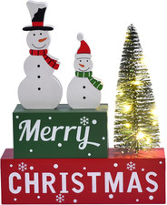 Merry Christmas Decoration Indoor, Wooden Snowman Christmas Table Sign, Lighted