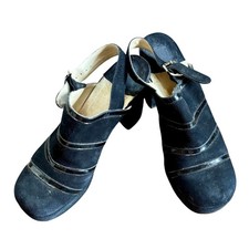 Vintage Black Faux Suede Clogs 1970s Boho Platform Mules Chunky Heel Size 7