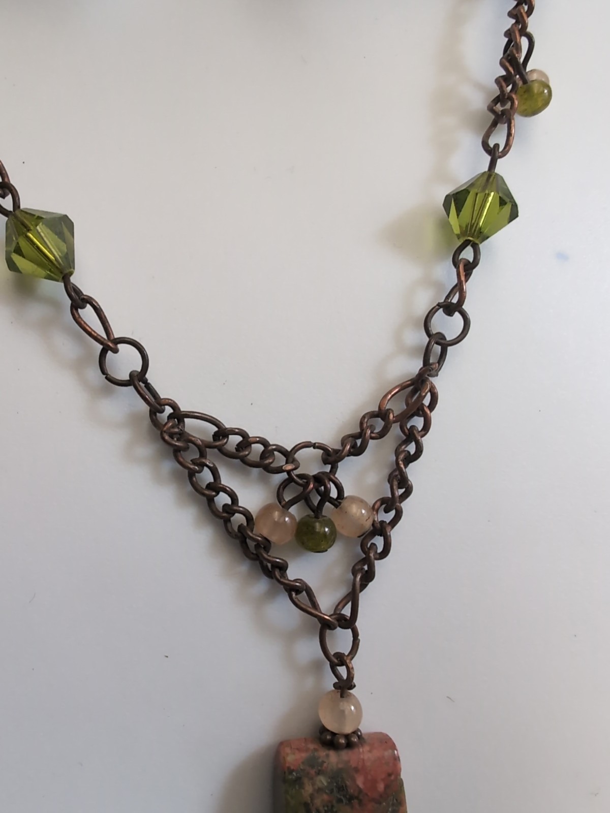 copper chain, green  pink beaded  rectangular jas… - image 3