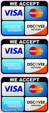 CREDIT CARD LOGO STICKER DECALS X 3 WE ACCEPT Visa, MasterCard, Discover, Amex
