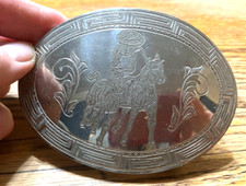 METAL SILVERTONE BELT BUCKLE 2 HORSES ROMAN RIDING MAN IN SOMBRERO 4 X 3