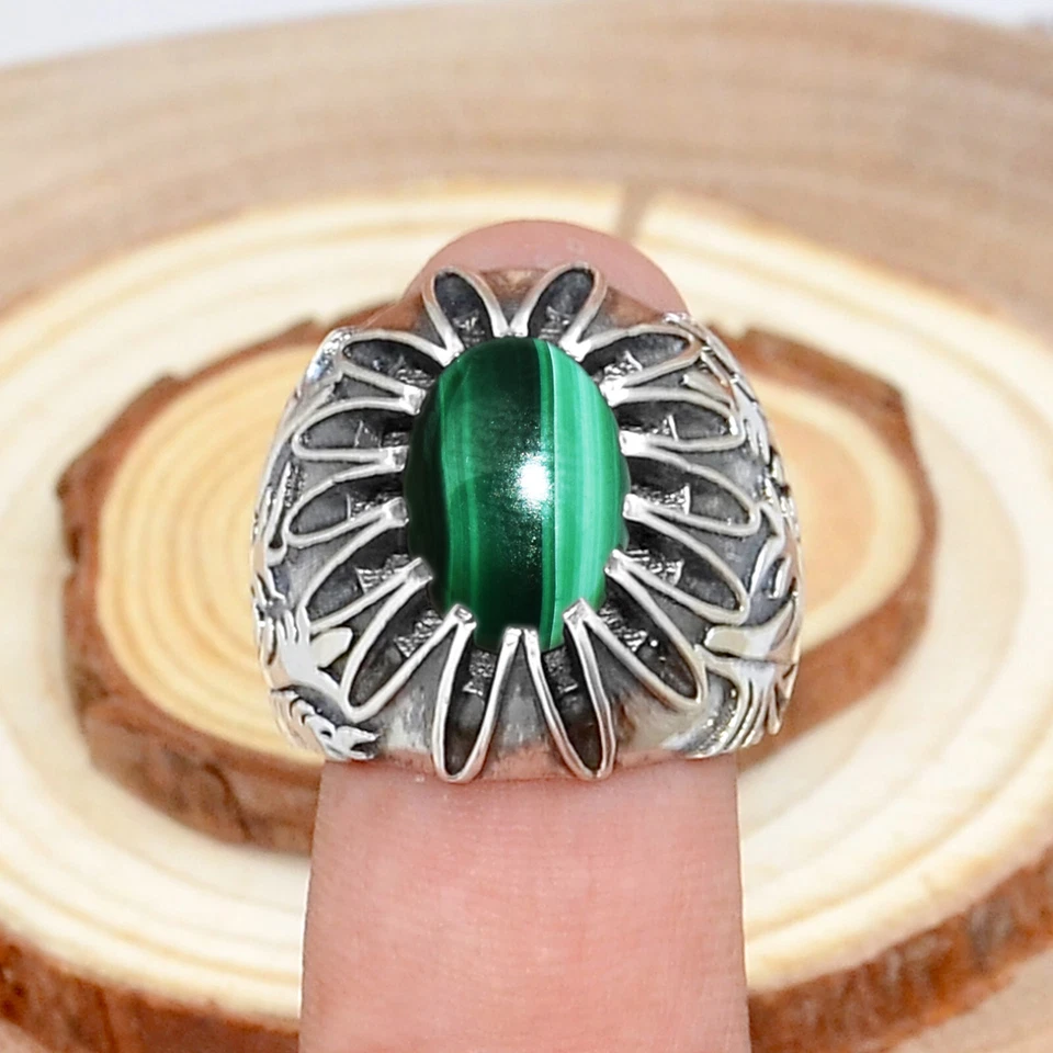 Anillo de plata de ley 925 de corte ovalado de malaquita estilo turco para hombre joyería Foto 3 de 3