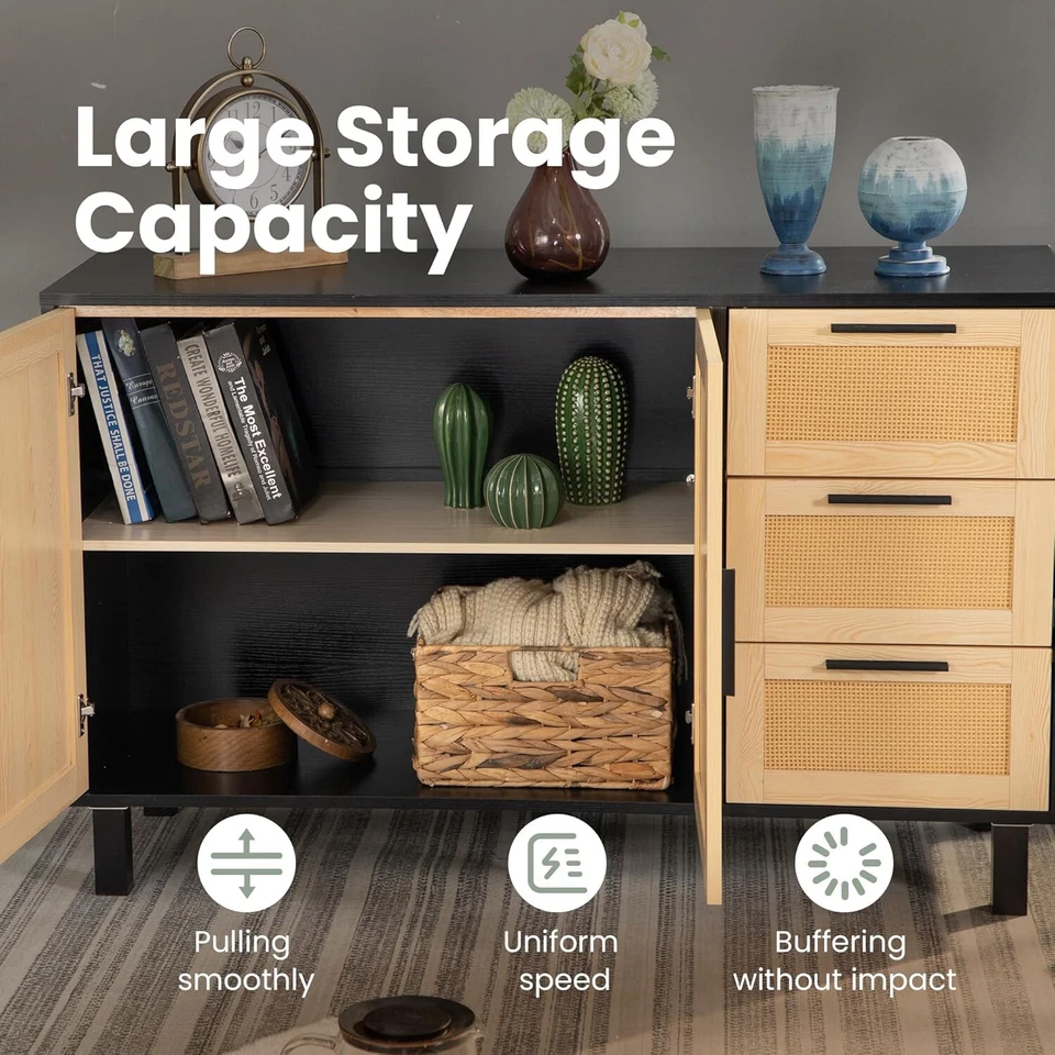 Natural Rattan Storage Cabinet Buffet Sideboard Cabinet with 3 Drawers & Doors - Image 3 of 4