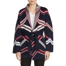 Maje Marcozi Marine Navy & Red Belted Wool Blend Knit Cardigan/ Jacket Size 1