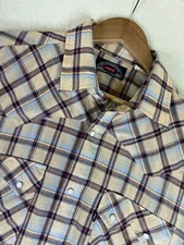 Vintage 70's Levi's Western Pearl Snap Shirt Men's Large Beige Plaid Big E