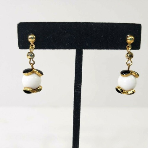 White Ball Dangle Earrings Black Gold Tone Simple eBay