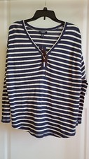 Chaps Women's Blue Horizontal Striped Shirt with Front Tie, (Large) NWT