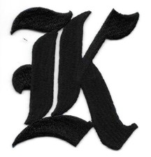3" Fancy Black Old English Alphabet Letter K Embroidered Patch