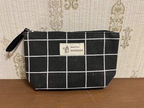Natural Style HANDMADE Canvas Makeup Bag Travel Black with White Stripes