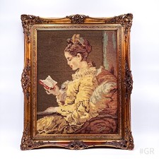 Gobelin Stickbild Lesende Frau Meister Barock Rahmen handgearbeitet 50x62 cm
