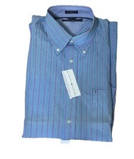 Tommy Hilfiger Men's Blue Striped Cotton Button-Up Shirt Large 80  s 2 Ply Fabric