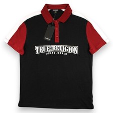 True Religion Polo Shirt Mens S Black Red Relaxed Fit Short Sleeve Rugby 79 NEW