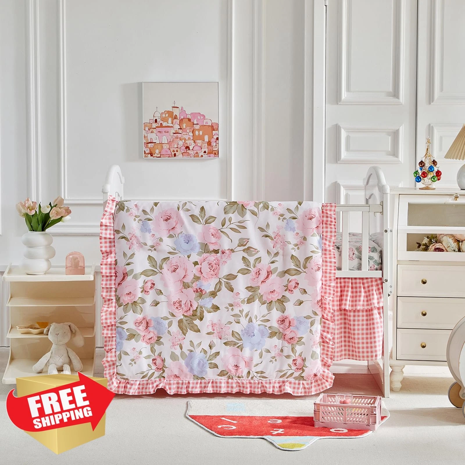 UOZZI BEDDING Crib Set Blue 3pc Floral