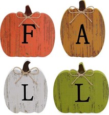 Fall Decor, 4 PCS Wooden Pumpkins Fall Decorations for Home Autumn Sign Fall