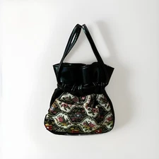 Vintage Tapestry Needlepoint Leather Cinch Style Handbag Purse Double Handle