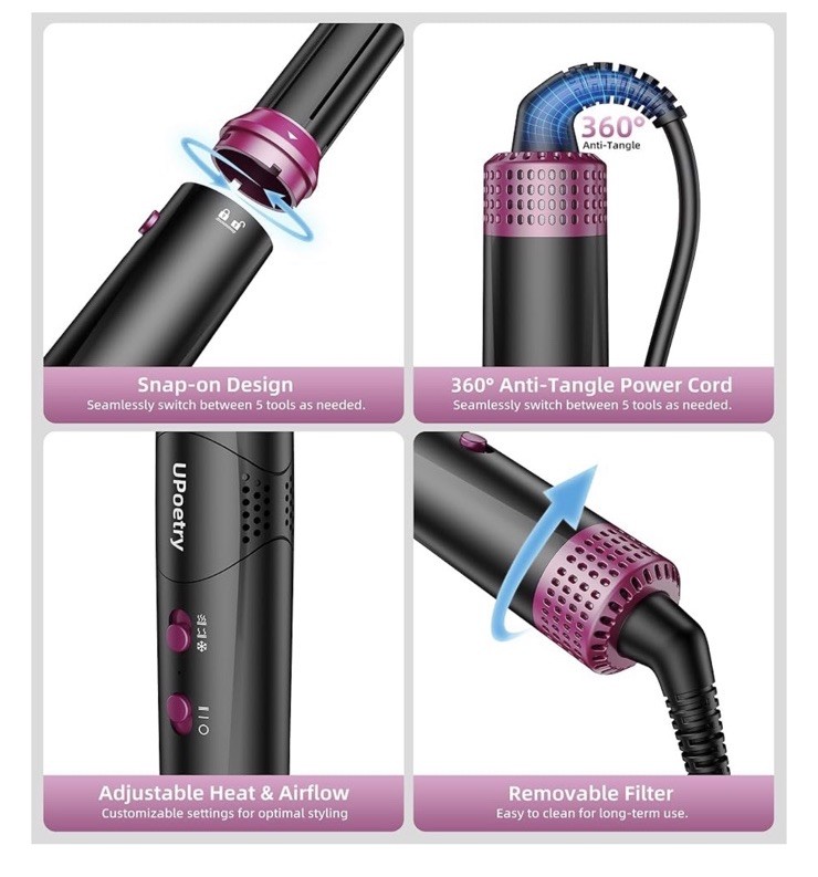 Upoetry 5in1 Hot Air Styler & Hair Dryer Brush High-Speed Blow Dryer Fast Drying