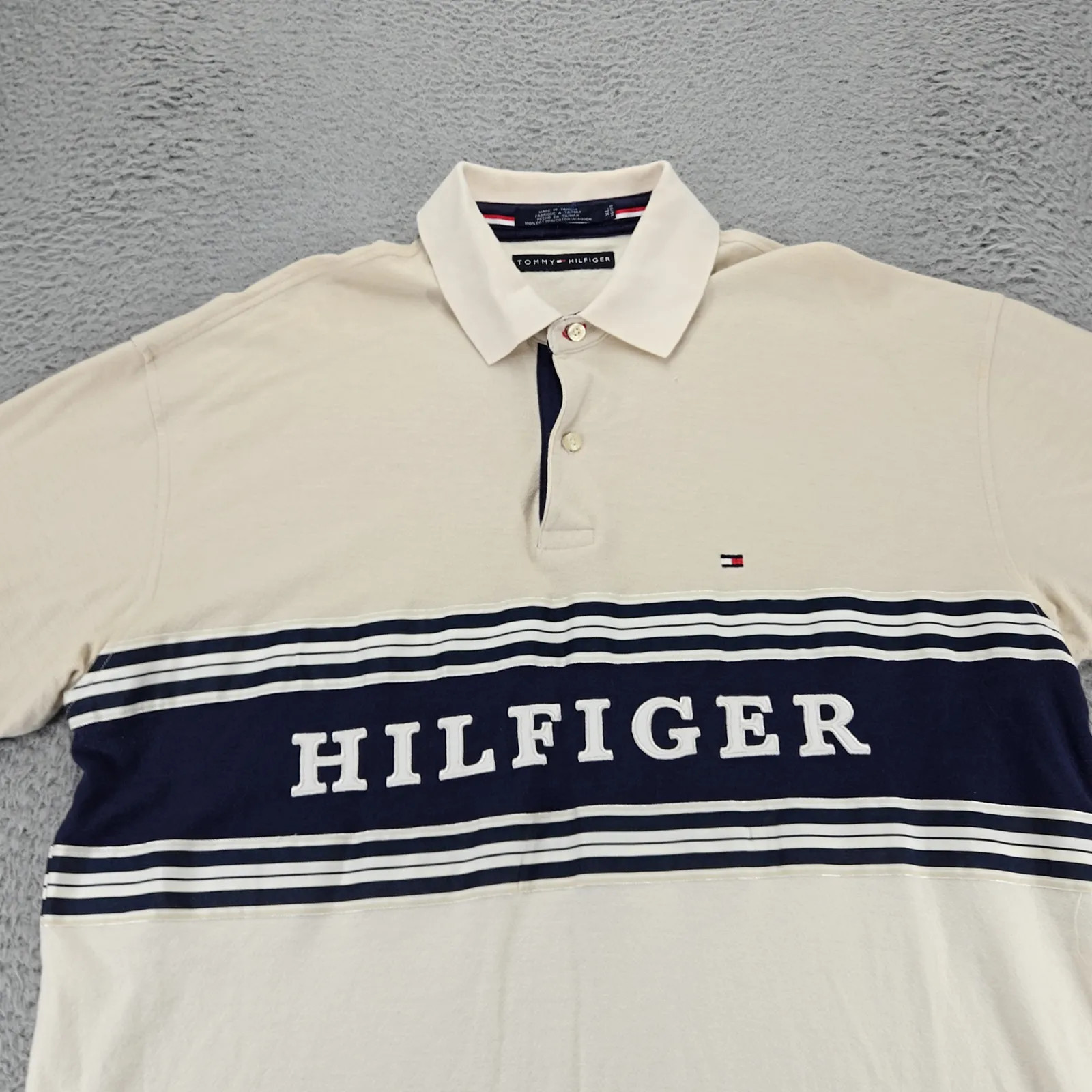 Tommy Hilfiger Shirt Mens XL Tan Vintage Spellout Polo Short Sleeve Y2K