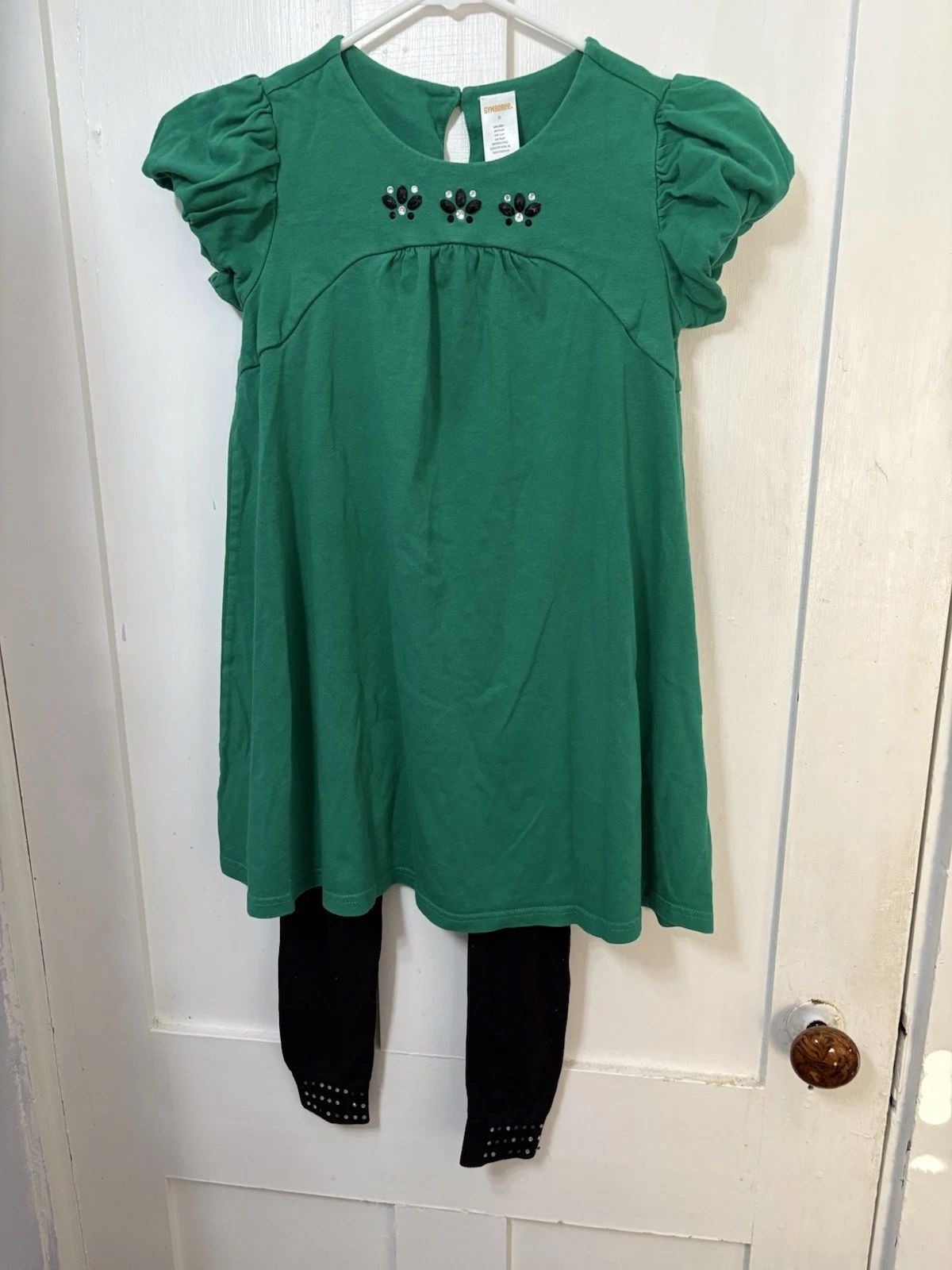 Vtg HTF Gymboree Girls Sz9 FANCY DALMATIANS Emerald Green Dress & Black Leggings