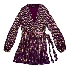4SI3NNA Iridescent Sequin Dress Small Purple Sheer Sleeves Lined Mini Wrap