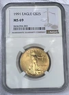 1991 $25 MCMXCI 1/2 OZ GOLD American Gold Eagle NGC MS 69 KEY DATE 24K Made