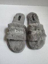 NEW Bebe Rhinestone Logo Faux Fur Slippers House Shoes Grey Size 6