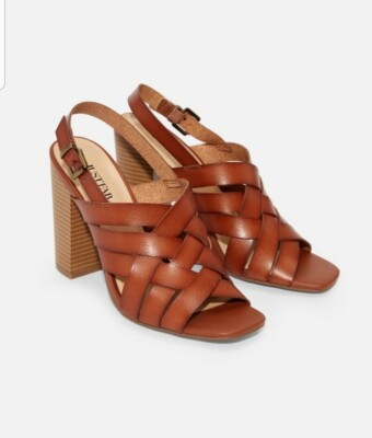 JustFab Shela Cognac Brown Woven Heeled Sandal Faux Leather Vegan. New in box!!