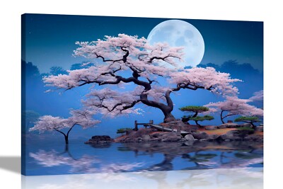 Rosa Baum Nachthimmel Vollmond Leinwand Wandbilder für Wohnzimmer Bilder