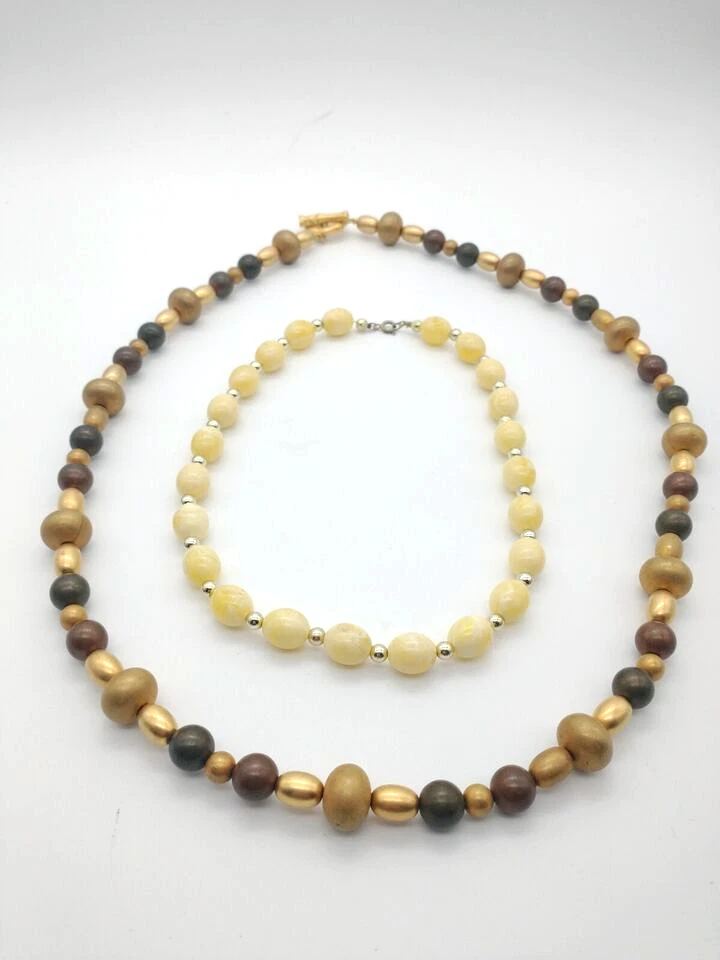 Collana costume vintage Givenchy bronzo tono oro perline e giallastro set di 2